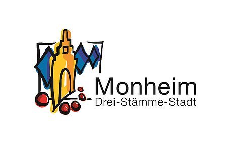 Logo der Stadt Monheim mit stilisiertem gelben Gebäude, blauen Rauten und roten Kreisen. Text: "Monheim Drei-Stämme-Stadt".