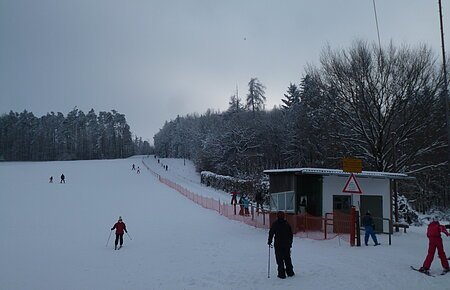 Skifahrer auf einer schneebedeckten Piste neben einem kleinen Schlepplift und einem Wald im Hintergrund.