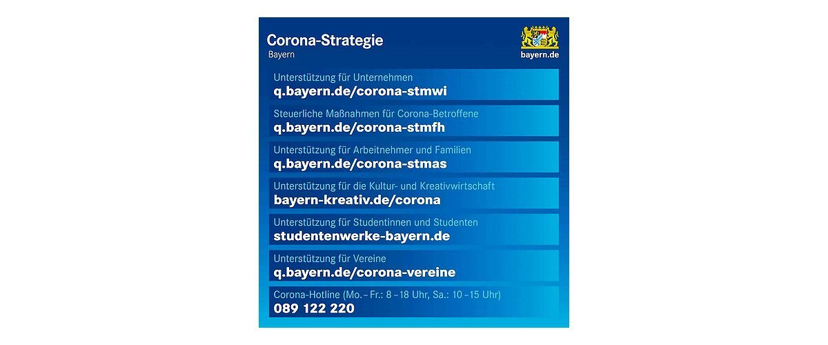 Ein Informationsplakat zur Corona-Strategie in Bayern aus dem Jahr 2021 mit verschiedenen Unterstützungslinks und einer Hotline-Nummer.