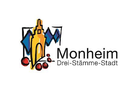 Logo der Drei-Stämme-Stadt Monheim Logo der Stadt Monheim mit stilisiertem gelben Gebäude auf der linken Seite, blauen Rauten hinter dem Gebäude und roten Kreisen darunter. Text: "Monheim Drei-Stämme-Stadt" rechts neben der Zeichnung des Gebäudes. Weißer Hintergrund