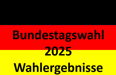 Bundestagswahl 2025 Wahlergebnisse Schriftzug Bundestagswahl 2025 Wahlergebnisse vor Deutschlandflagge in den Farben Schwarz, Rot, Gelb.