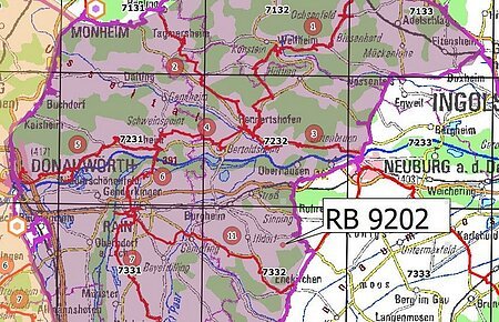Kartenausschnitt mit Gebiet RB 9202, markiert durch violette Umrandung, zeigt Orte und Straßen im süddeutschen Raum.