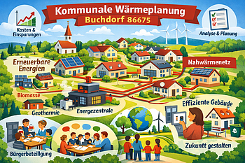 Illustration einer Gemeinde mit erneuerbaren Energien, Nahwärmenetz, Bürgerbeteiligung und effizienter Gebäudetechnik.
