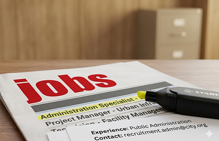 Zeitschrift auf einem Holztisch liegend mit Stellenanzeigen, auf dem Titelblatt oben groß in roter Schrift der Text „jobs“ und darunter markierter Begriff „Administration Specialist“ mit gelbem Marker. Gelber Marker liegt auf der Zeitschrift drauf.