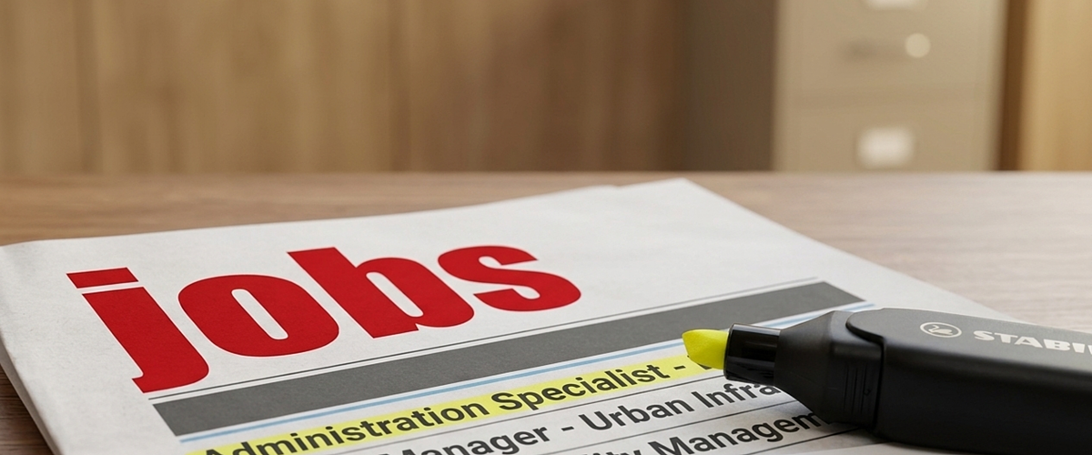 Zeitschrift auf einem Holztisch liegend mit Stellenanzeigen, auf dem Titelblatt oben groß in roter Schrift der Text „jobs“ und darunter markierter Begriff „Administration Specialist“ mit gelbem Marker. Gelber Marker liegt auf der Zeitschrift drauf.